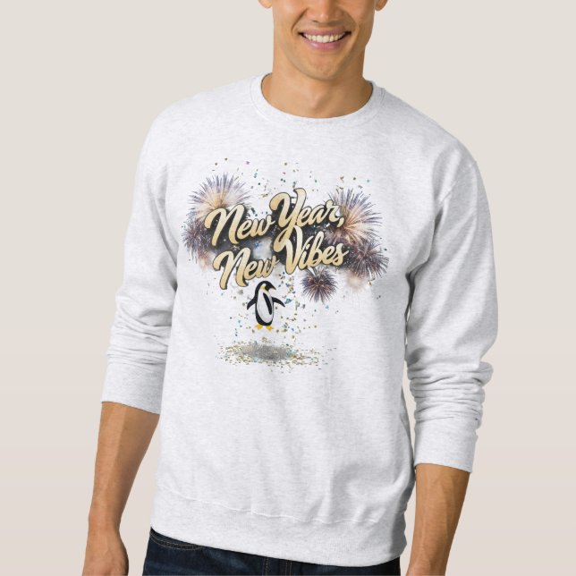 Bold Script "New Year, New Vibes" Penguin Basic Sweatshirt (Front)
