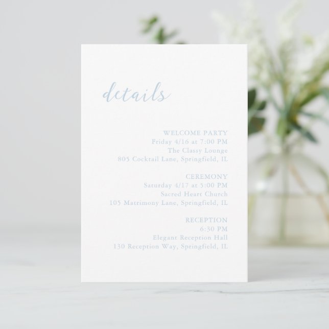 Bold Script Powder Blue Elegant Wedding Enclosure Card (Standing Front)