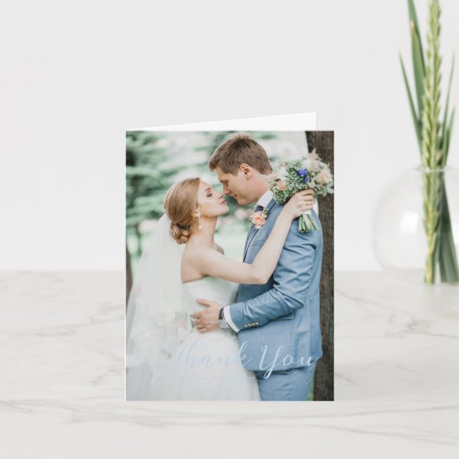 Bold Script Powder Blue Photo Elegant Wedding Thank You Card (Front)