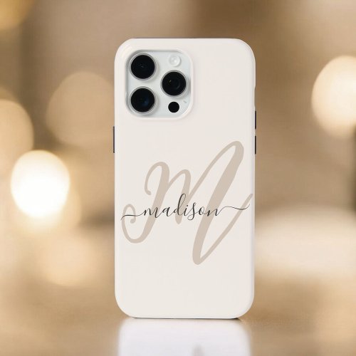 Bold Script Stylish Monogram and Name in Beige iPhone 15 Pro Max Case