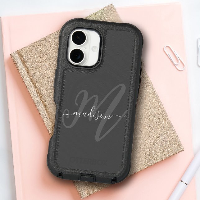 Bold Script Stylish Monogram and Name in Gray Otterbox iPhone Case (Creator Uploaded)