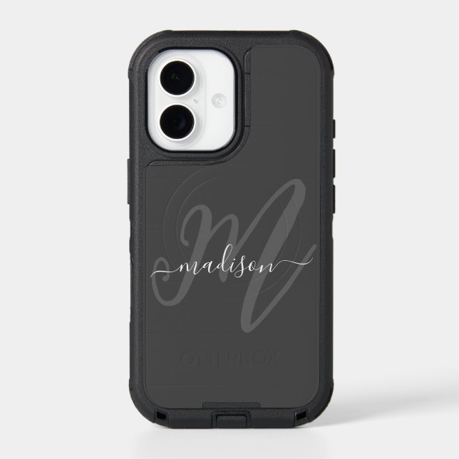 Bold Script Stylish Monogram and Name in Gray Otterbox iPhone Case (Back)