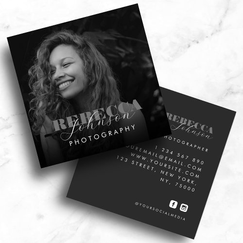 Bold Script  Typography Black White Photo Modern Square Business Card