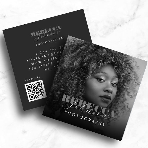 Bold Script Typography Photo Qr Code Photography   Square Business Card