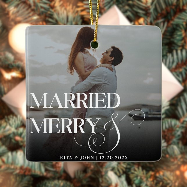 Bold Script Wedding First Christmas Metal Ceramic Ornament (Creator Uploaded)