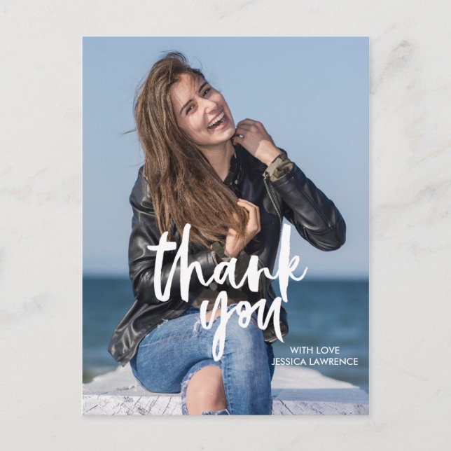 Bold Script White Thank You Graduation Postcard (Front)