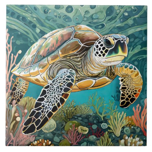 Bold Sea Turtle Comic Style Ceramic Tile