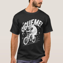 Bold "SÍGUEME!" Retro Cartoon Wolf on a Bike