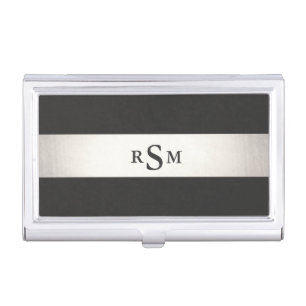 Bold Silver and Black Striped Metallic Monogram Case For Business Cards