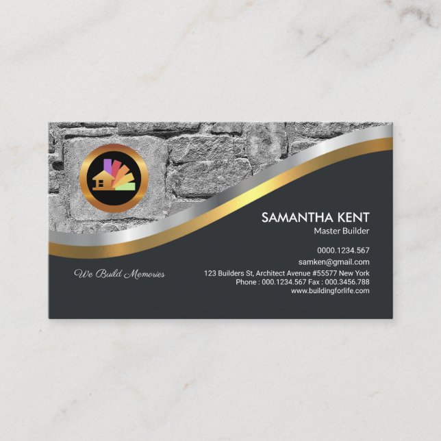 Bold Silver Brick Wall Builder Contractor Business Card (Front)