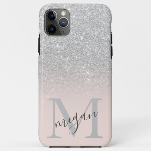 Bold silver glitter ombre blush monogrammed iPhone 11 pro max case