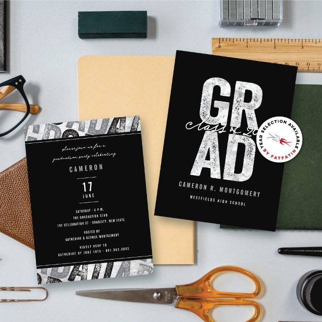 Bold Silver GRAD Stylish Graduation Party Invite (Modern Bold Silver GRAD Stylish Graduation Party Insert / Enclosure Card @ zazzle.com/color_therapy)