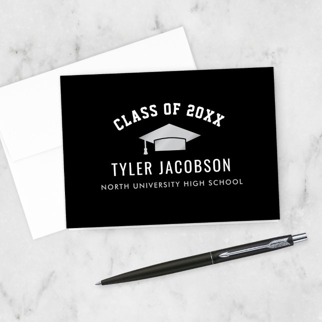 Bold Silver Varsity Graduation Cap Black 2026 Thank You Card (Creator Uploaded)