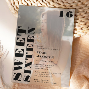 Bold simple black photo sweet 16 birthday invitation