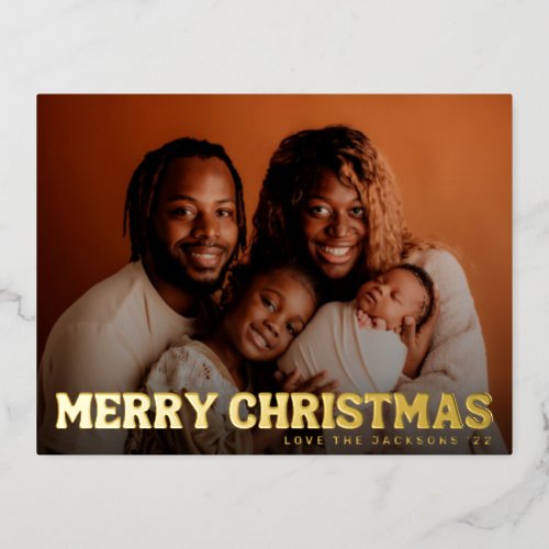 BOLD Simple Fun Merry Christmas Family Gold Photo Foil Holiday Postcard