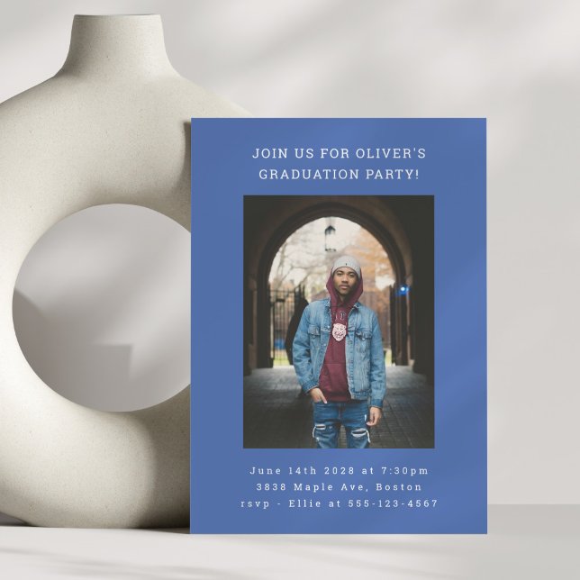 Bold Simple Modern Blue Photo Graduation Party Invitation (Creator Uploaded)