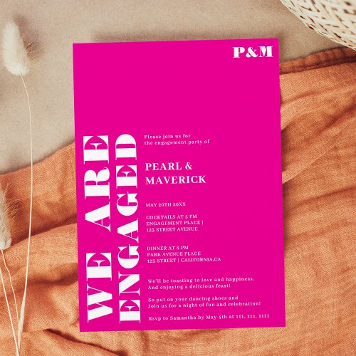 Bold simple neon pink wedding engagement party invitation