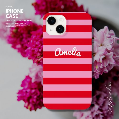 Bold Simple Retro Stripe Red and Pink Personalized Case_Mate iPhone 14 Case