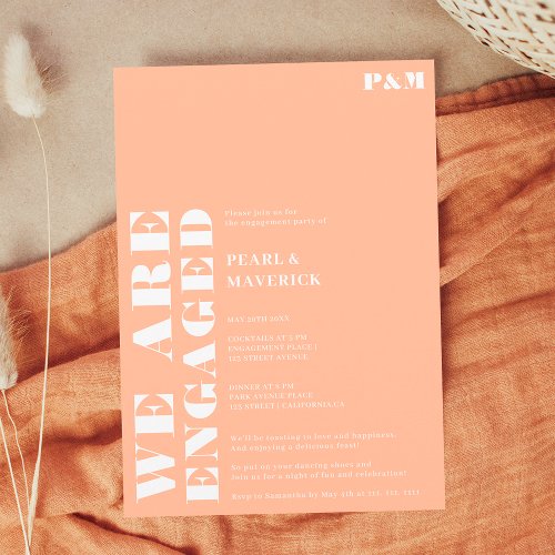 Bold simple white peach wedding engagement party invitation