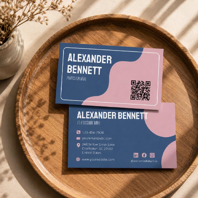 Bold Simplicity Blue & Pink Scannable Qrcode  Business Card (Creator Uploaded)