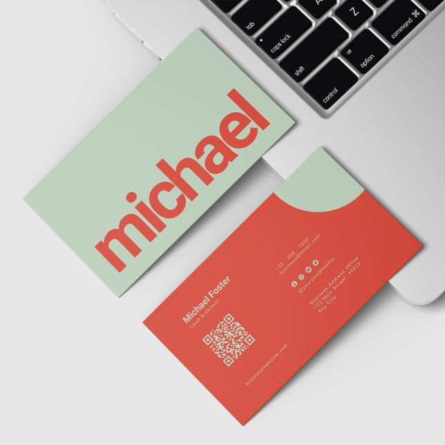Bold Simplicity Mint Green & Red Scannable Qrcode Business Card (Creator Uploaded)