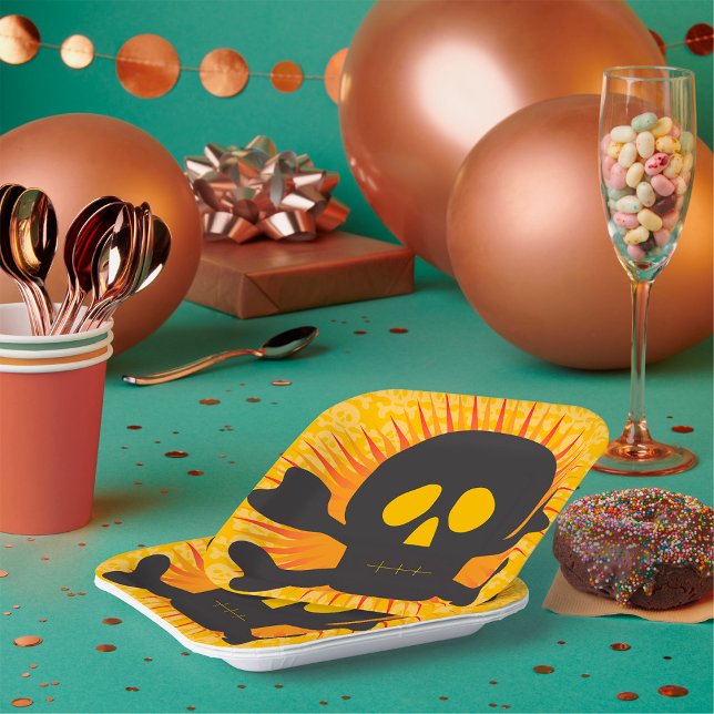 Bold Skull and Crossbones with Orange Burst Paper Plates (Creator Uploaded)