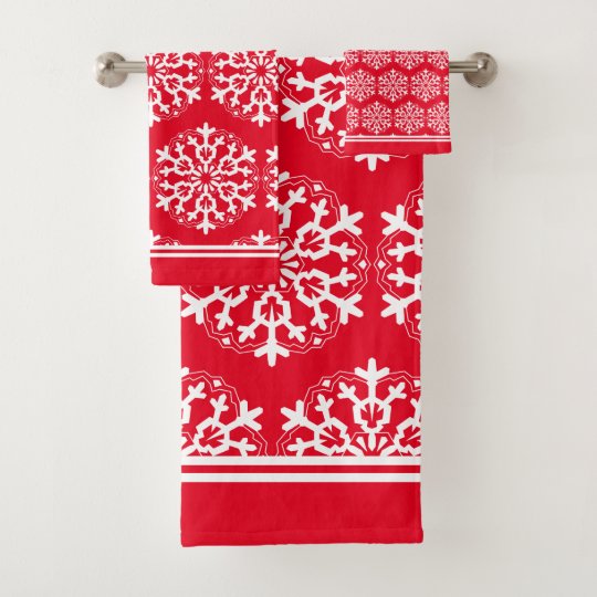 Bold Snowflake Mandala On Bright Red Bath Towel Set