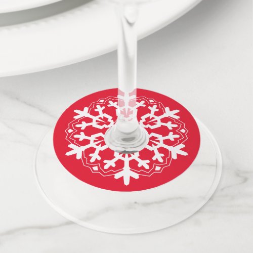 Bold Snowflake Mandala On Bright Red Wine Glass Tag