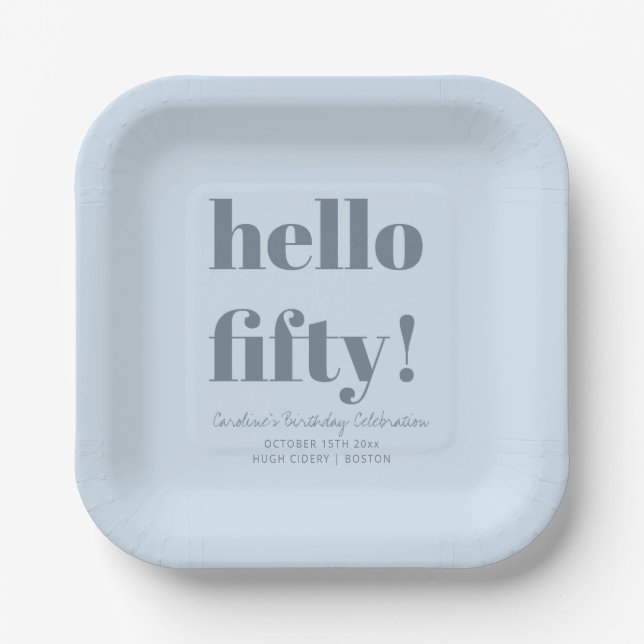 Bold Soft Blue Modern 50th Birthday Custom Paper Plates (Front)