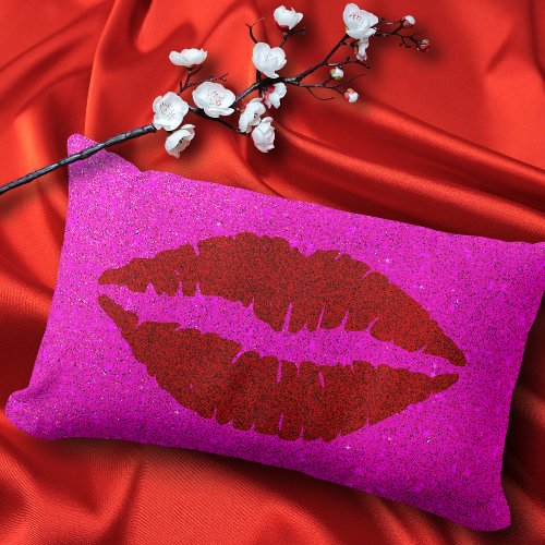 Bold sparkly red lips pink glitter background glam lumbar pillow