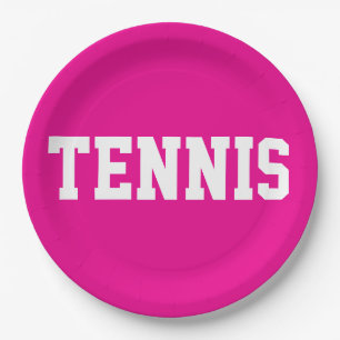 Bold Sporty Bright Pink Athletic White TENNIS Text Paper Plates