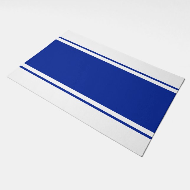 Bold Sporty Royal Navy Blue White Racing Stripes Doormat (Angled)