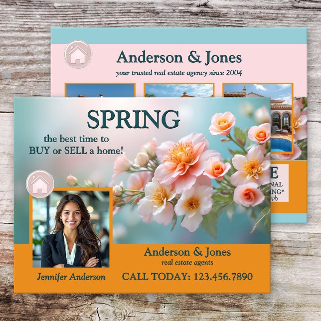 Bold Spring Photo Real Estate Postcard (Real Estate marketing postcard featuring a pretty image of spring flowers with your custom photos)