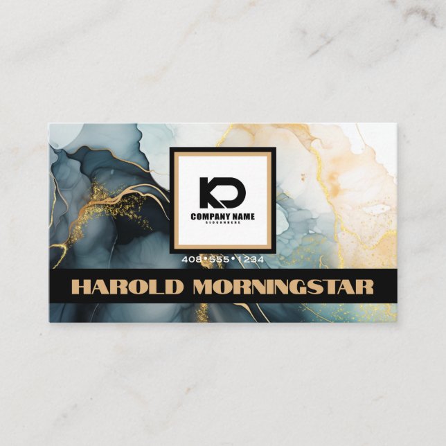 BOLD Square Logo and QR Code Indigo Gold Fluid Ink Business Card (Front)