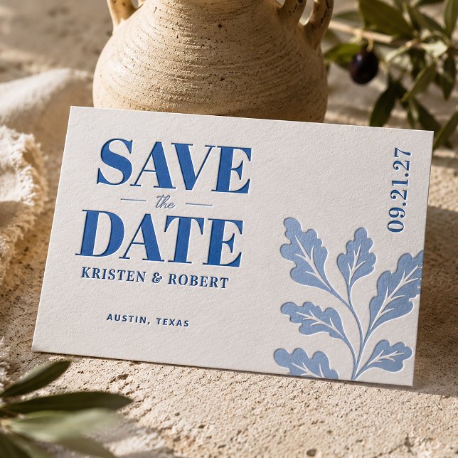 Bold Statement Monogram Save the Date Letterpress Invitation (Simulated card on table)