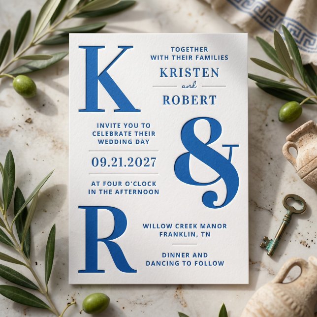 Bold Statement Monogram Wedding Letterpress Invitation (Simulated invitation on table)