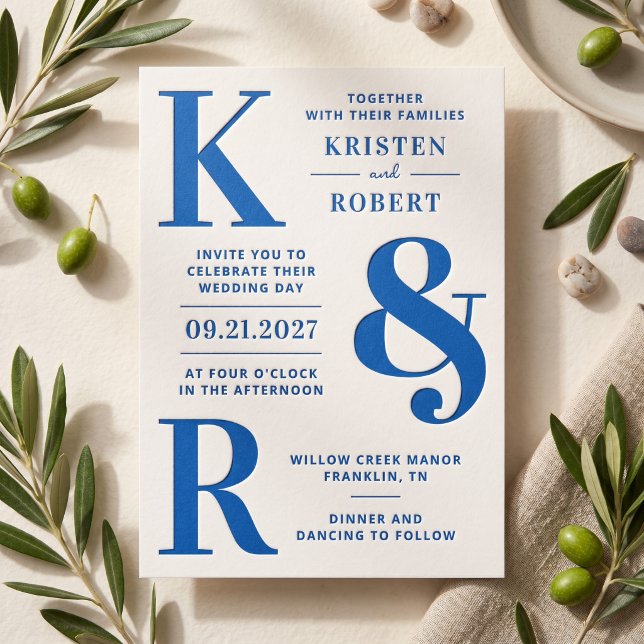 Bold Statement Monogram Wedding Letterpress Invitation (Simulated card on table)