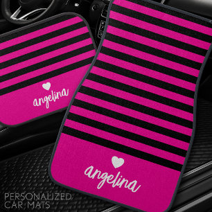 Bold Stripe Pattern Heart Monogram Hot Pink Black Car Floor Mat
