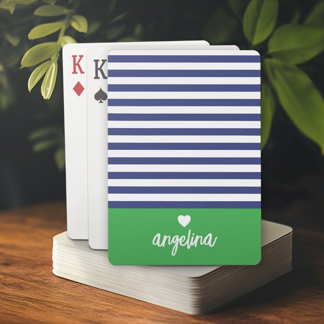 Bold Stripe Pattern - Heart Monogram Navy Green Poker Cards (Custom Playing Cards)