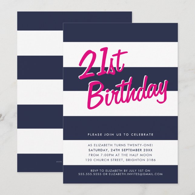 BOLD STRIPED birthday party INVITE navy blue pink (Front/Back)