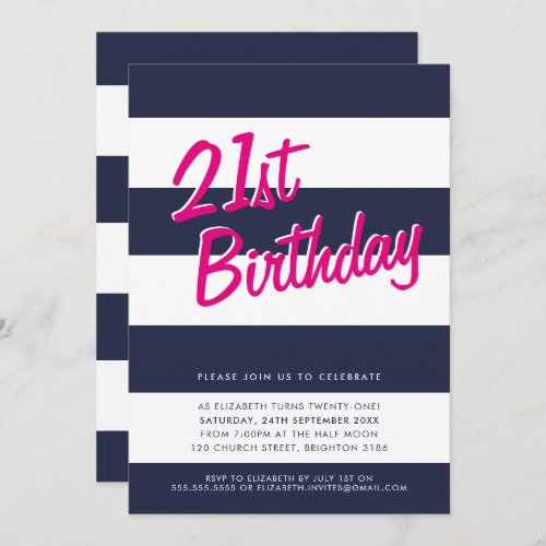 BOLD STRIPED birthday party INVITE navy blue pink