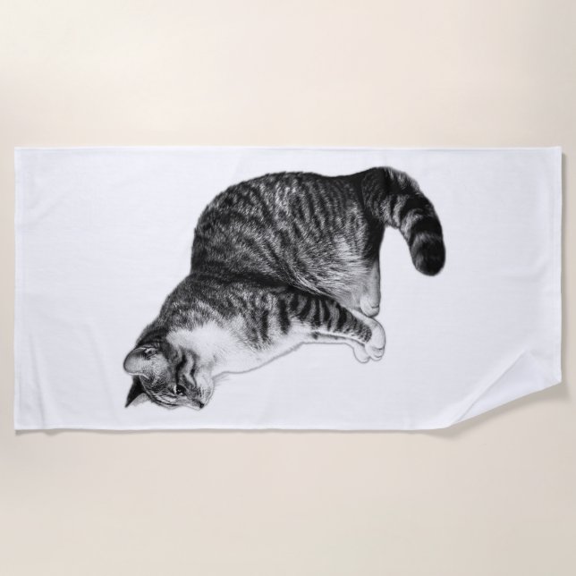 Bold Striped Tabby Cat Ink Art Beach Towel (Front)