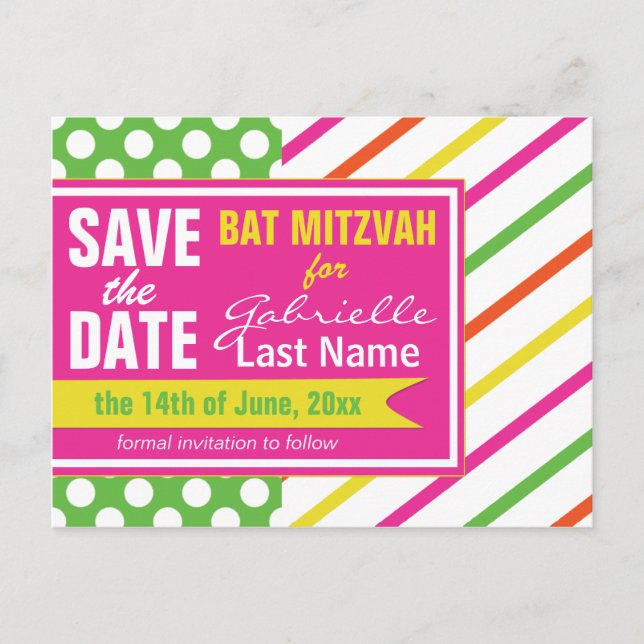 Bold Stripes and Polka Dots Bat Mitzvah Announcement Postcard (Front)