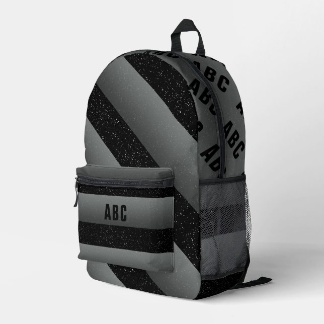 Bold Stripes Black White Gray Custom Monogram Printed Backpack (Back Corner Right)