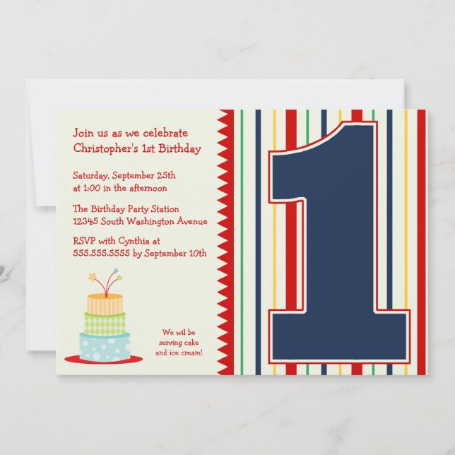 Bold stripes boy's 1st birthday party invitation (Front)