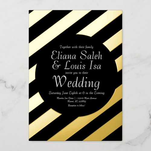 Bold Stripes Gold Script Wedding Pressed  Foil Invitation