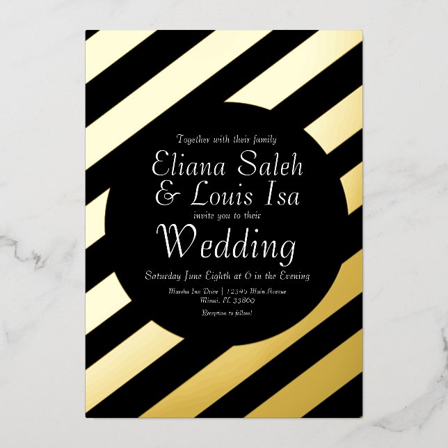 Bold Stripes Gold Script Wedding Pressed  Foil Invitation (Front)