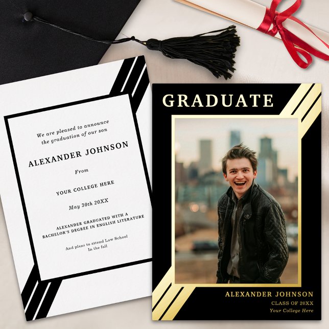 Bold Stripes Graduate Photo Black and Gold Foil Invitation (Stylish graduate photo bold black and gold foil stripes modern Graduation announcement card)