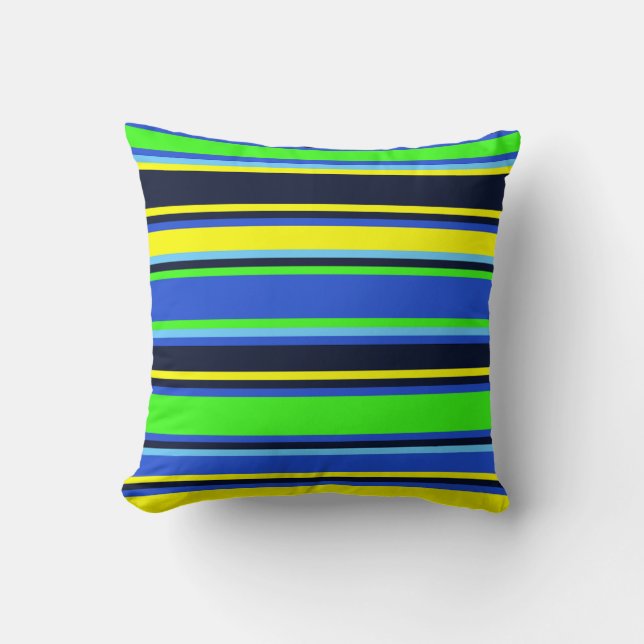 Bold Stripes in Lime Blue  and Yellow Throw Pillow (Front)