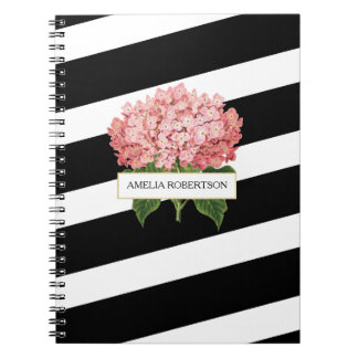 Bold Stripes & Pink Hydrangeas Personalized Notebook